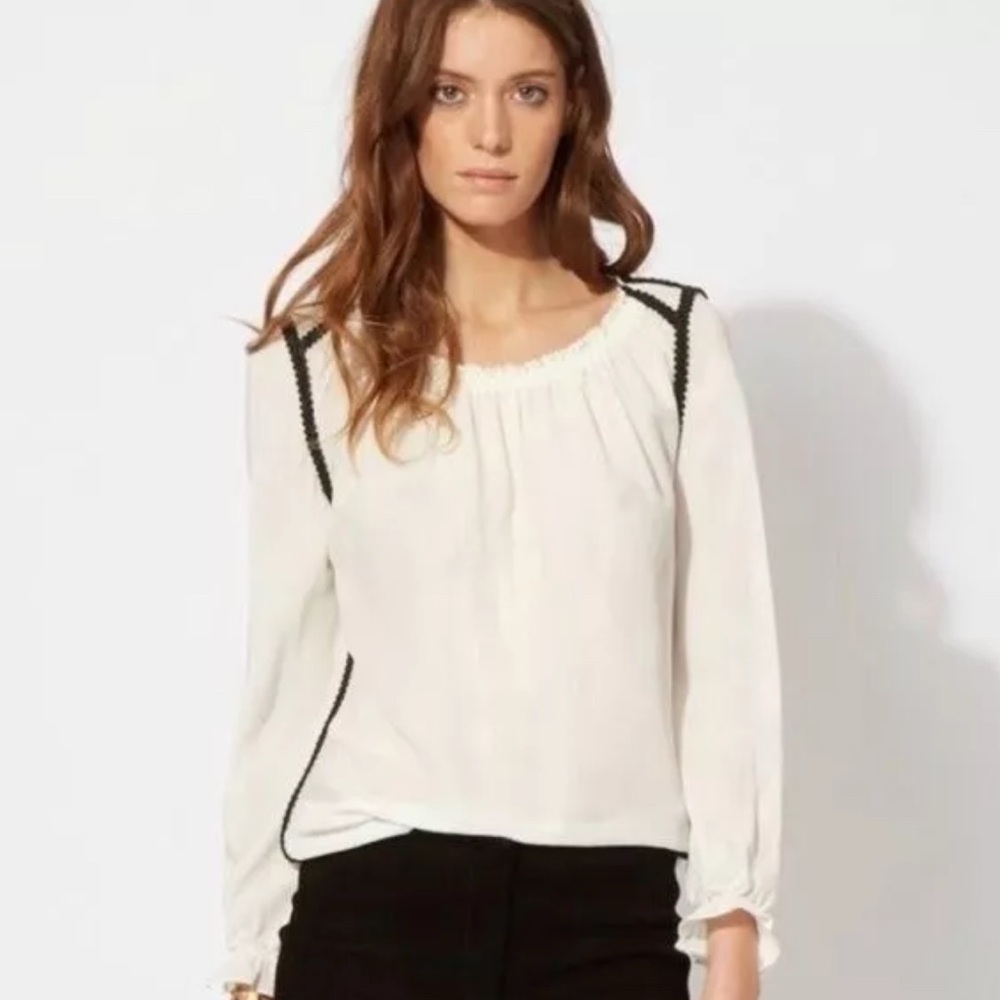 MAJE Womens Lacy Silk Gathered Peasant Blouse Long Sleeve Cream Black Size Small